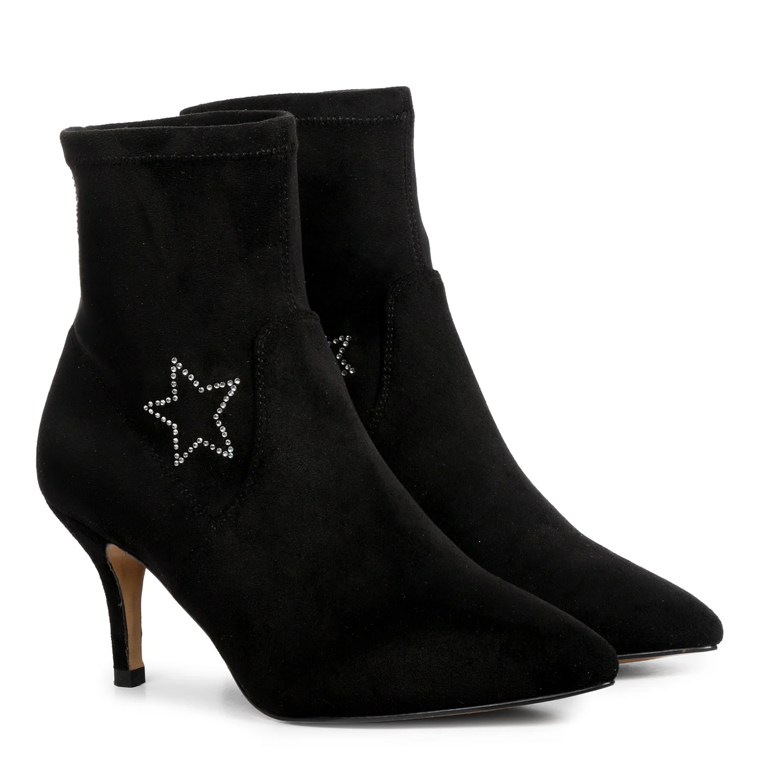 Saint Penelope Star Embellished Black Stretch Suede Stiletto Ankle Boots - Image 3