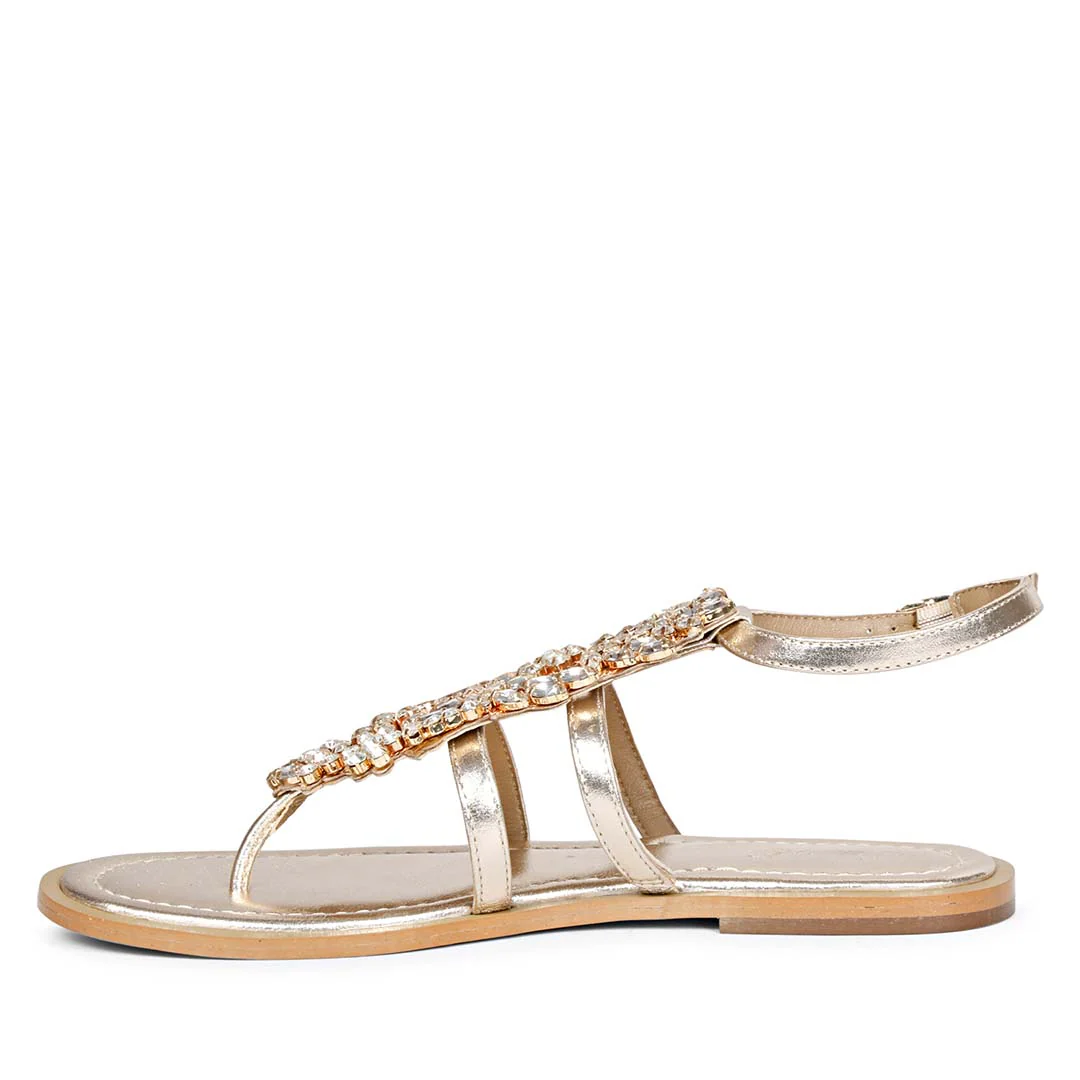 Saint Jenna Silver Stone Adorned Gold Leather Flat Sandals - Image 4