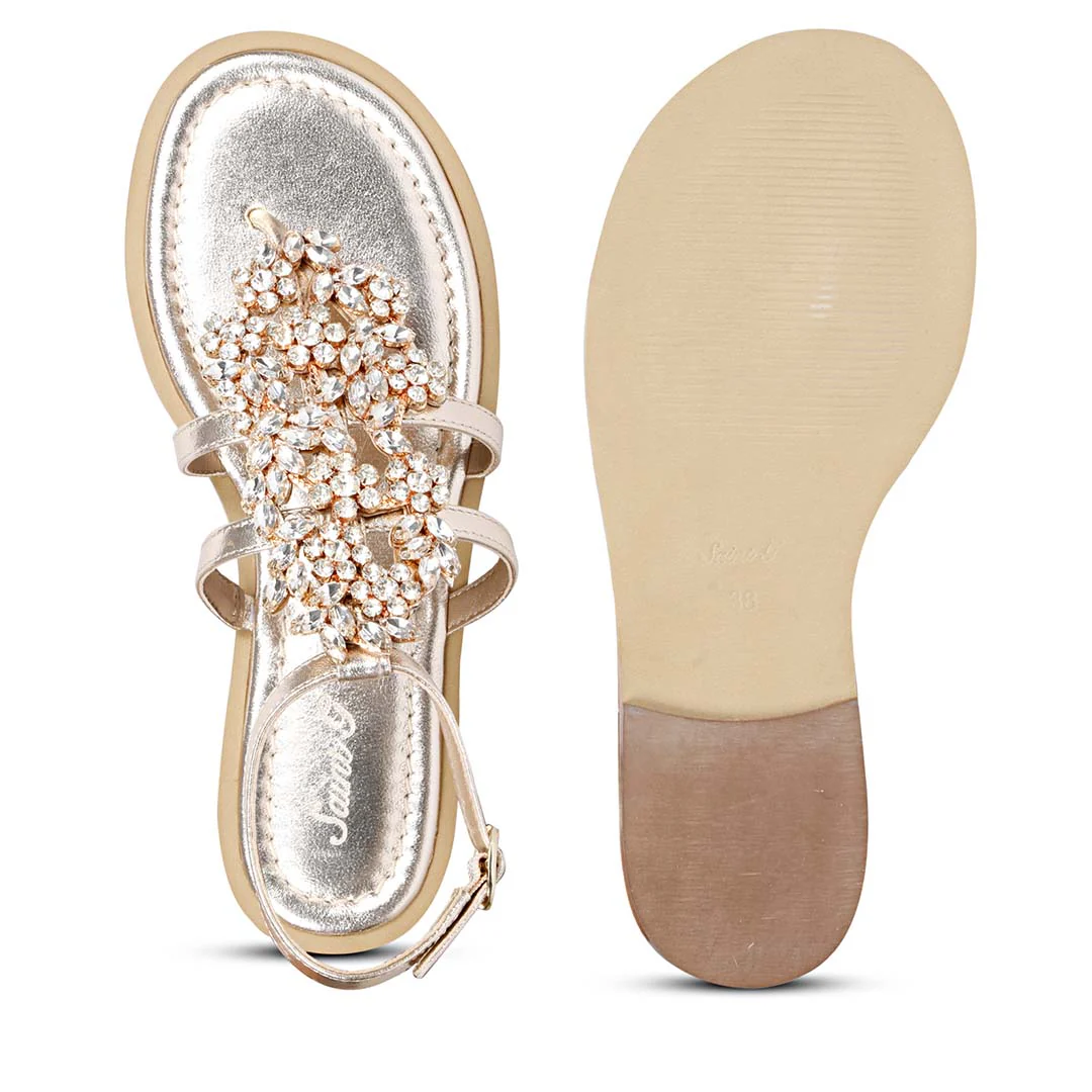 Saint Jenna Silver Stone Adorned Gold Leather Flat Sandals - Image 7