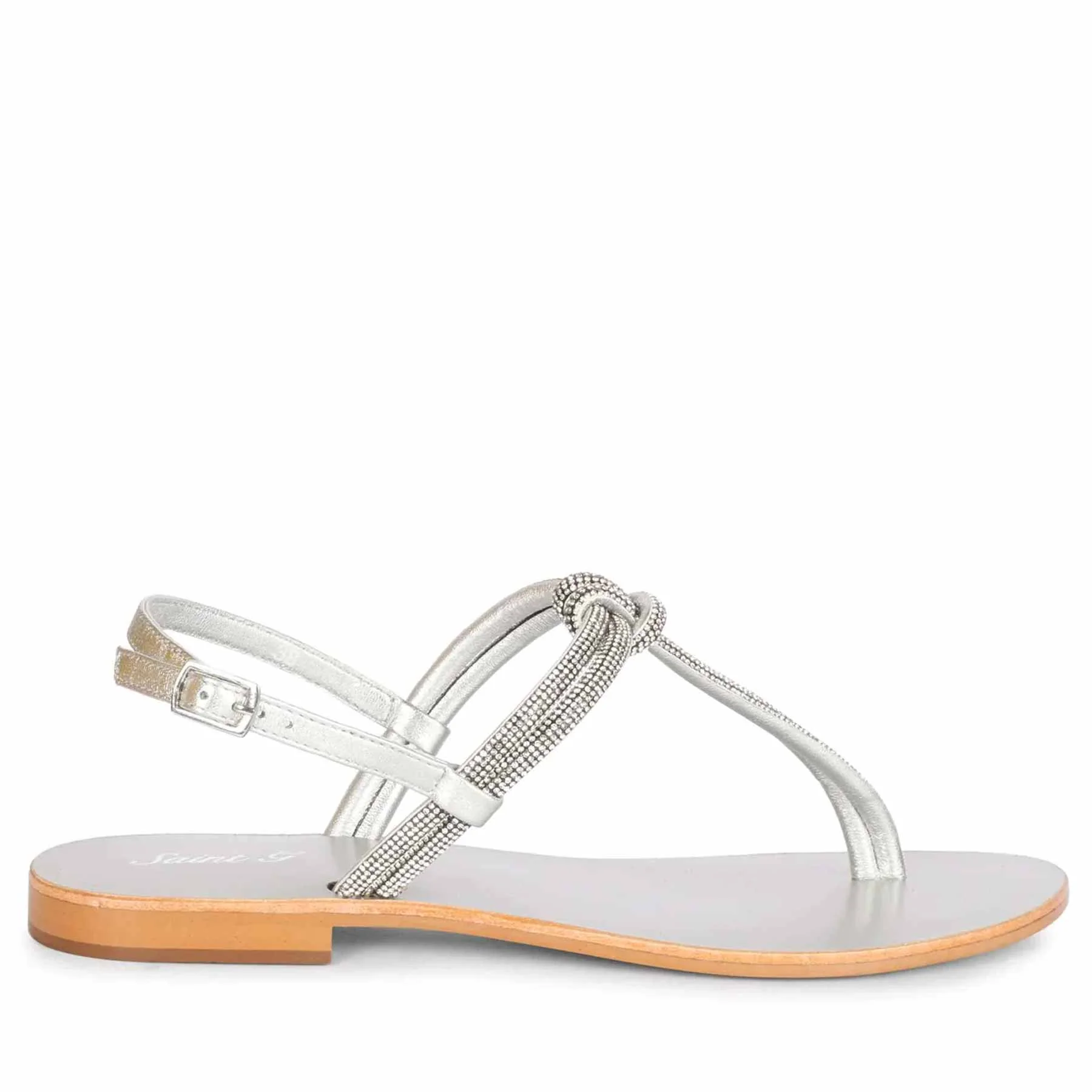 Saint Elsie Crystal Cord Silver Leather Flat Sandals