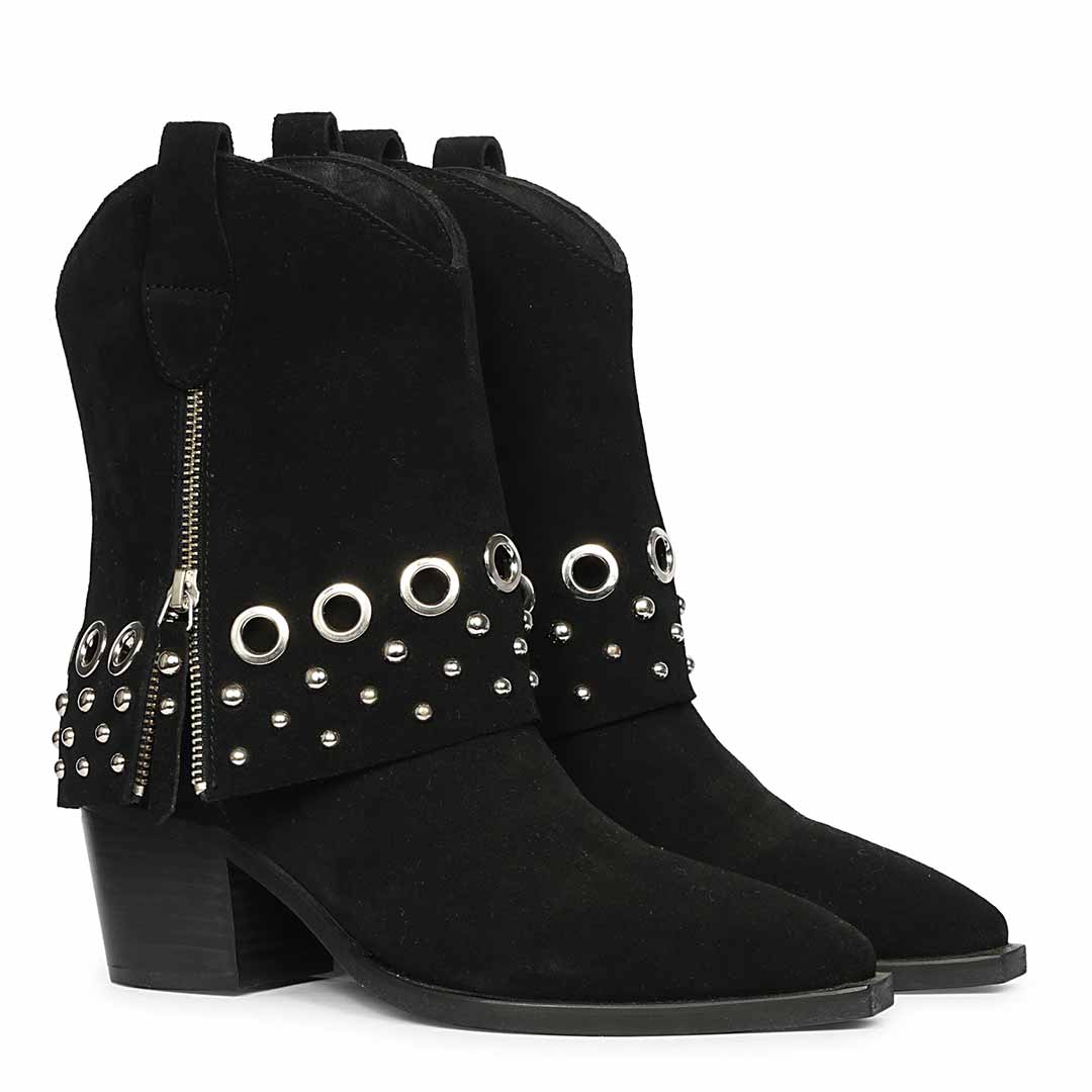 Saint Jordis Studded Fold Over Black Leather Ankle Boots - Image 2