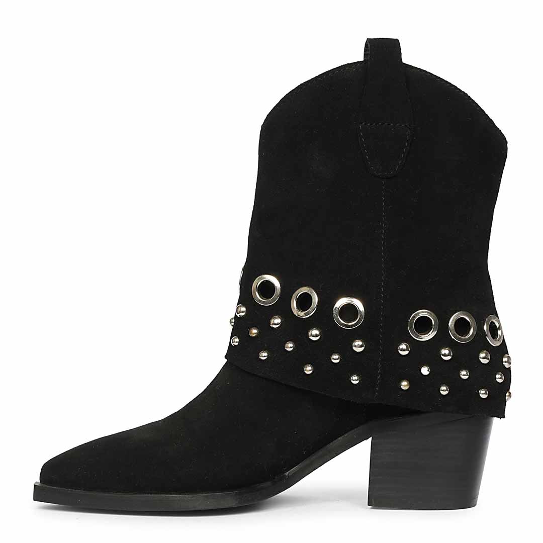 Saint Jordis Studded Fold Over Black Leather Ankle Boots - Image 3