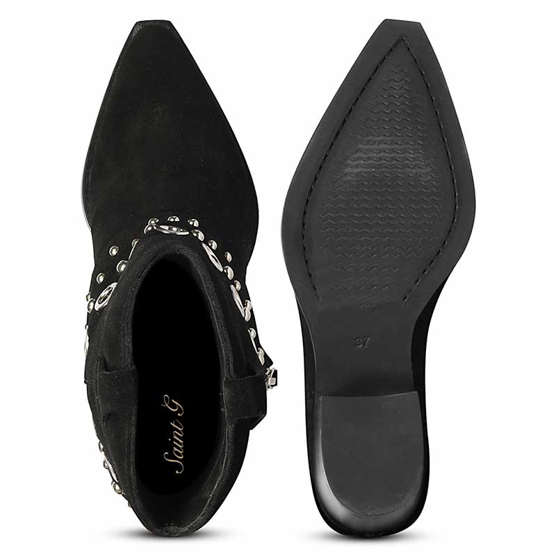 Saint Jordis Studded Fold Over Black Leather Ankle Boots - Image 6