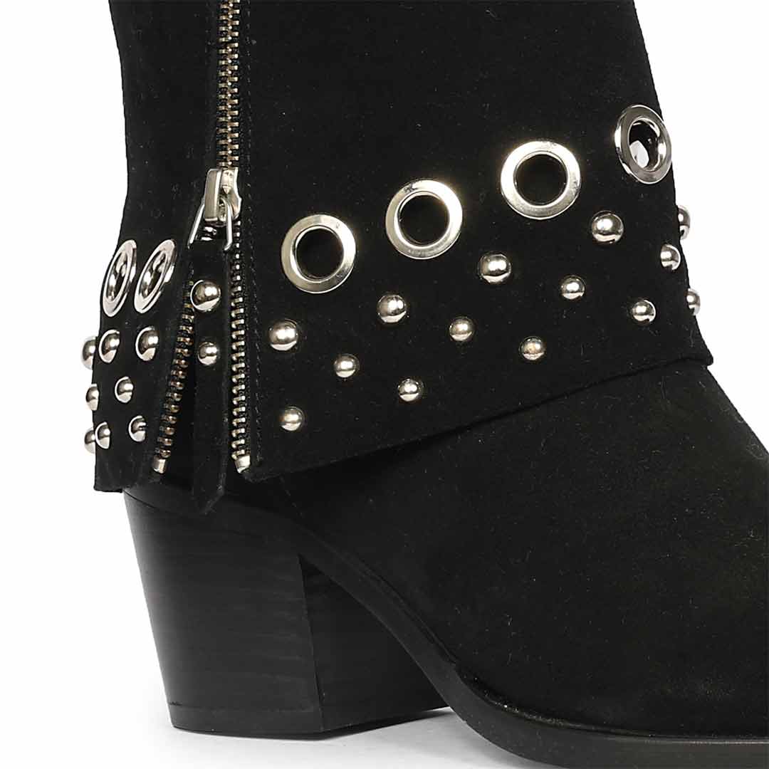 Saint Jordis Studded Fold Over Black Leather Ankle Boots - Image 7