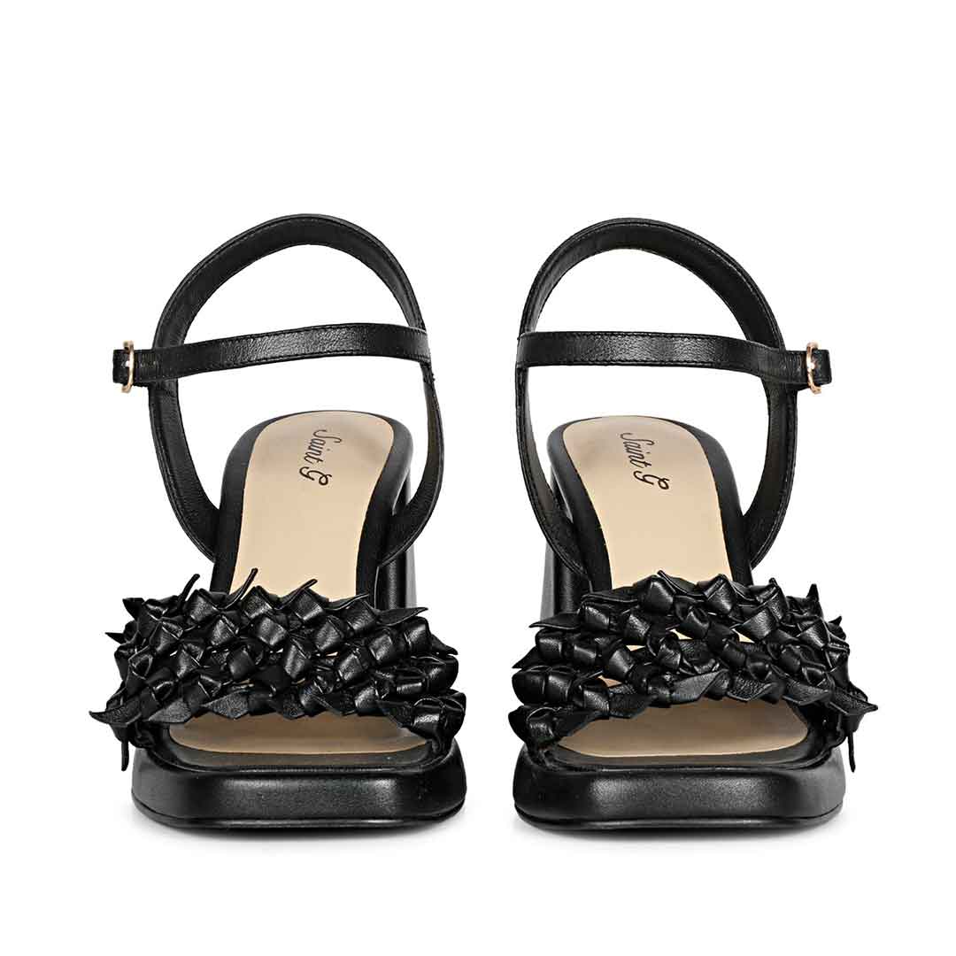 Saint Joy Black Hand Woven Leather Block Heels - Image 5