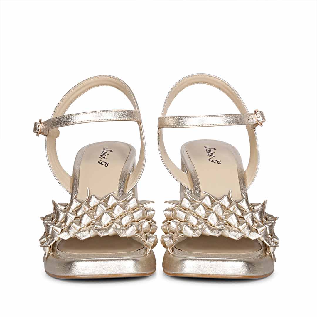 Saint Joy Metallic Gold Hand Woven Leather Block Heels - Image 5