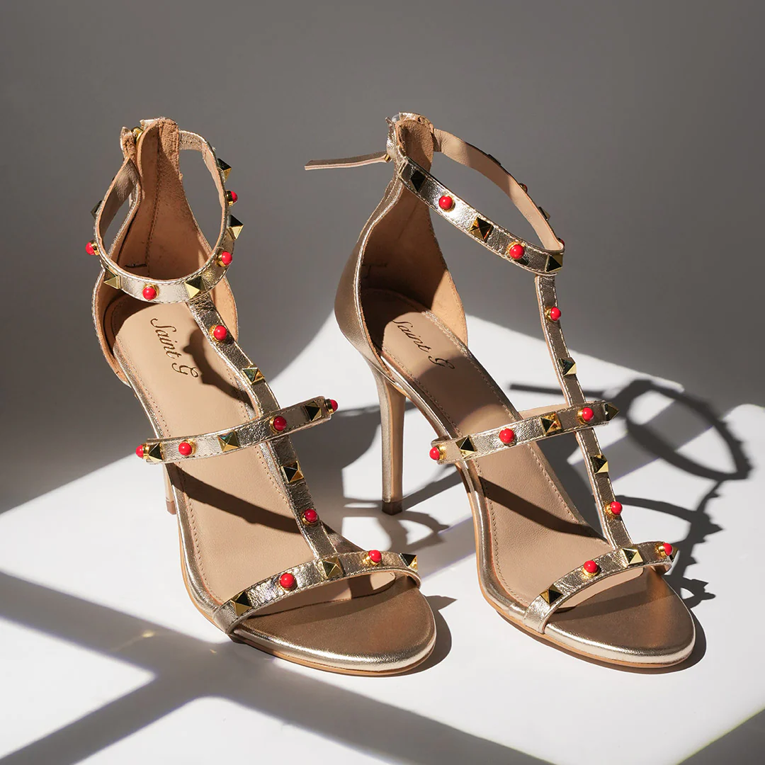 Saint Juniper Studded Metallic Gold Leather Stilettos - Image 2