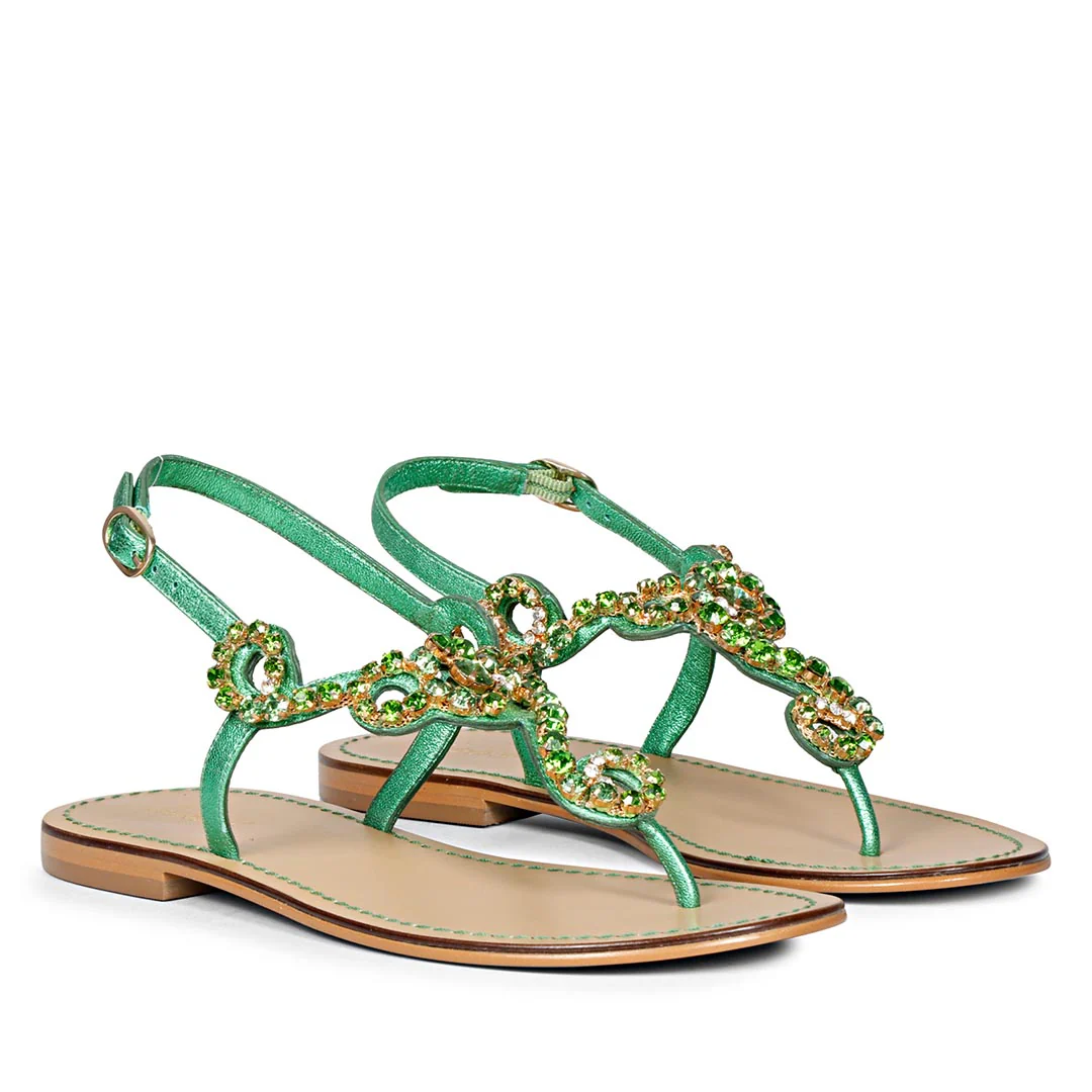 Saint Kaia Gold Stone Metallic Green Leather Sandals - Image 3