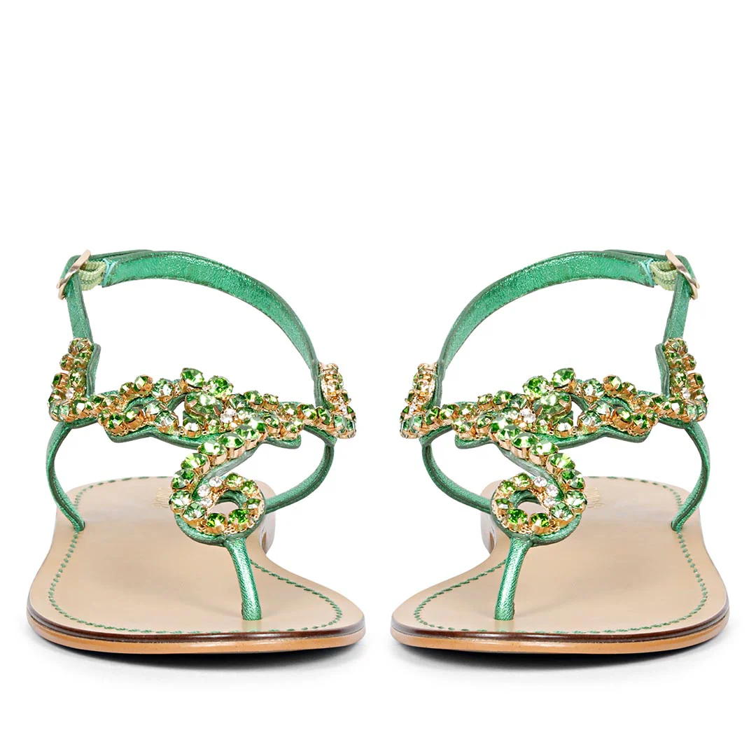 Saint Kaia Gold Stone Metallic Green Leather Sandals - Image 5