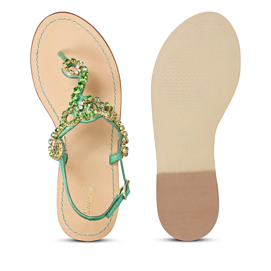 Saint Kaia Gold Stone Metallic Green Leather Sandals - Image 7