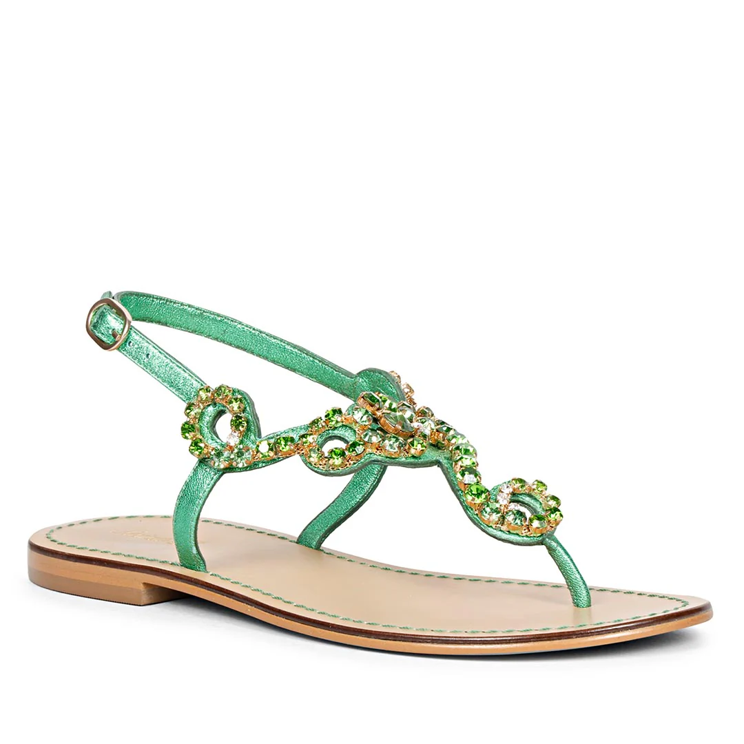 Saint Kaia Gold Stone Metallic Green Leather Sandals - Image 8
