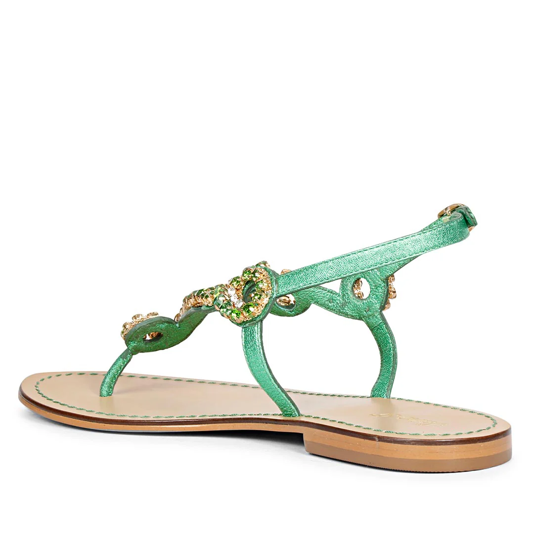 Saint Kaia Gold Stone Metallic Green Leather Sandals - Image 9