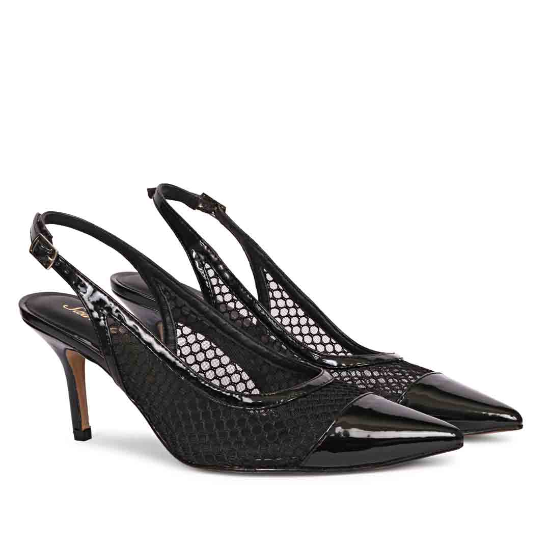 Saint Katy Black Leather & Premium Net Slingback Pumps - Image 2