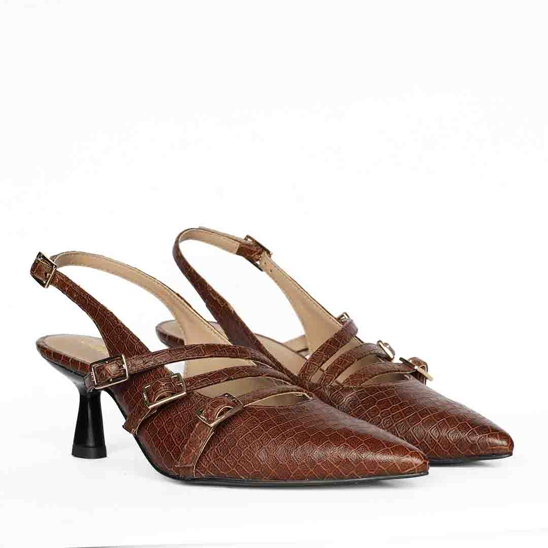 Saint Kayla Buckle Straps Brown Croc Embossed Leather Pumps - Image 3