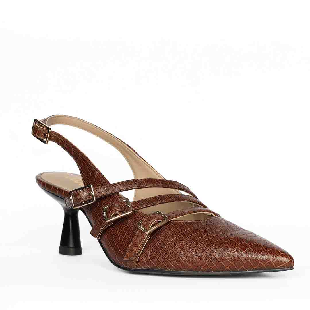Saint Kayla Buckle Straps Brown Croc Embossed Leather Pumps - Image 7