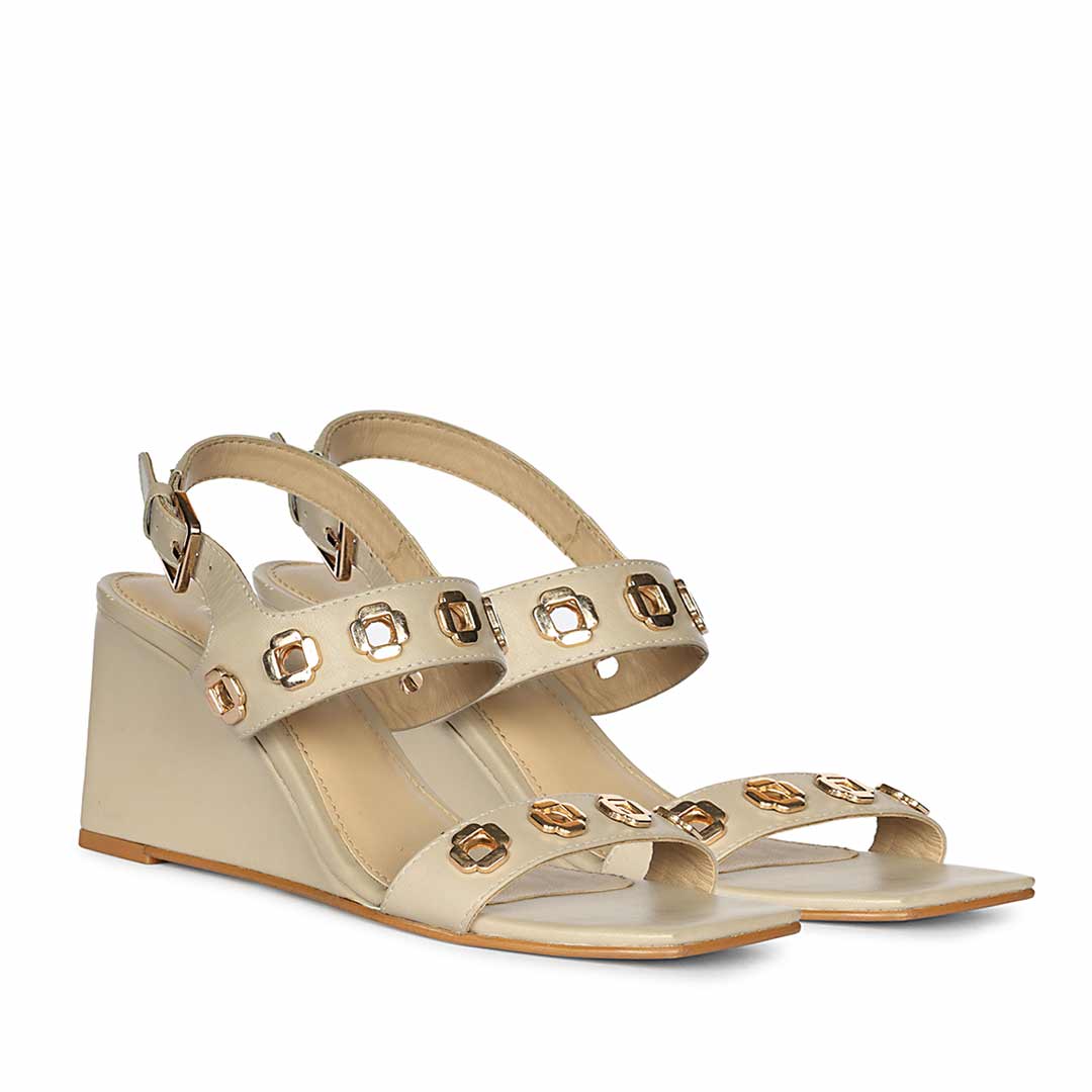 Saint Kendall Gold Flower Eyelets Beige Leather Wedge Heels - Image 2