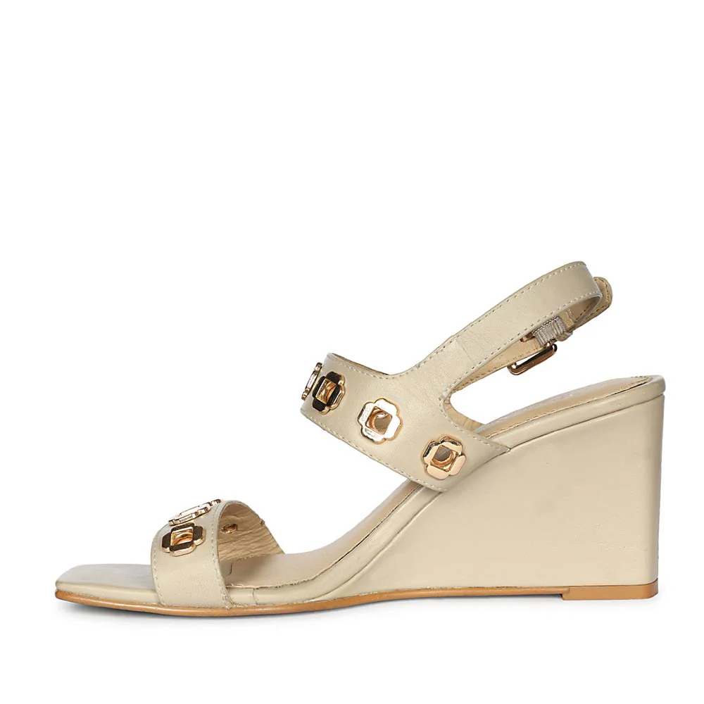 Saint Kendall Gold Flower Eyelets Beige Leather Wedge Heels - Image 3