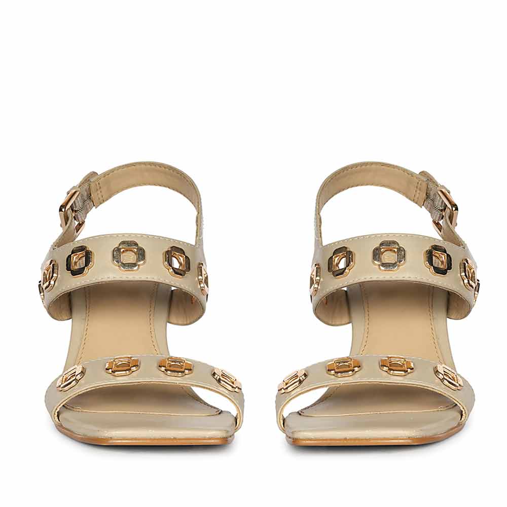 Saint Kendall Gold Flower Eyelets Beige Leather Wedge Heels - Image 4