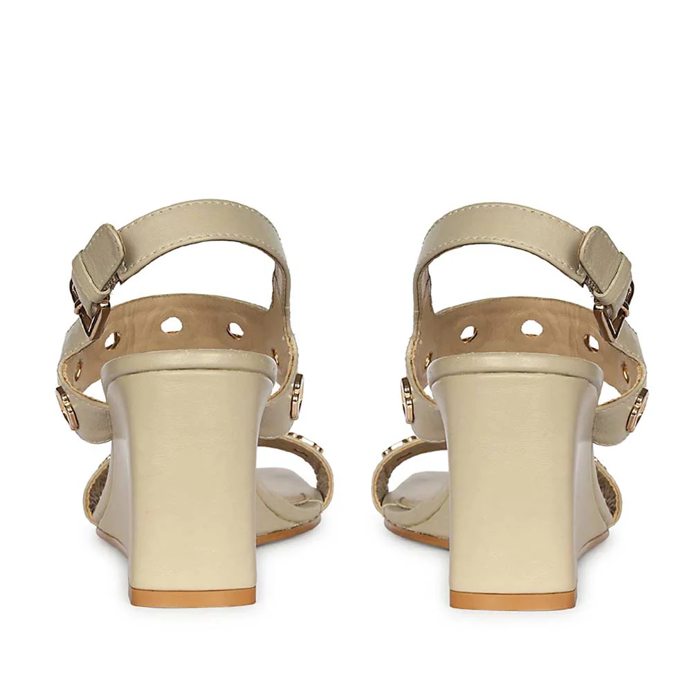 Saint Kendall Gold Flower Eyelets Beige Leather Wedge Heels - Image 5