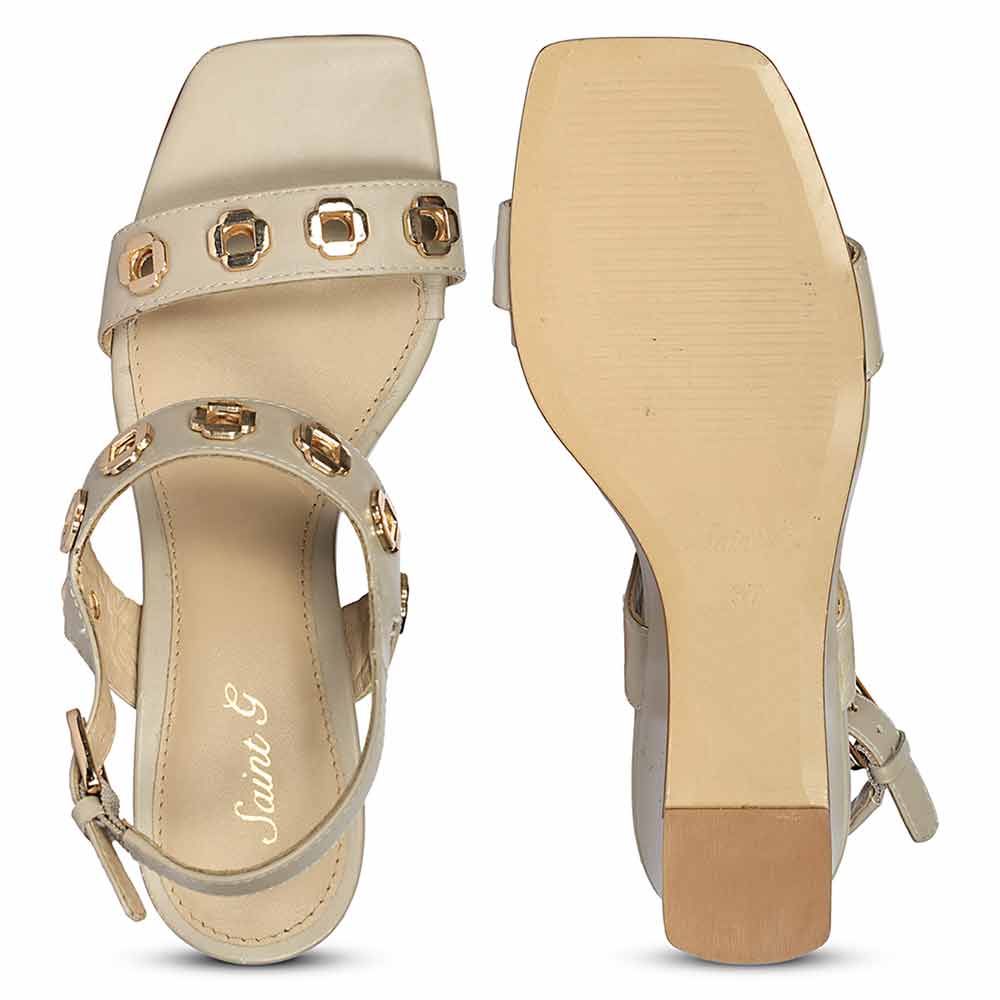 Saint Kendall Gold Flower Eyelets Beige Leather Wedge Heels - Image 6