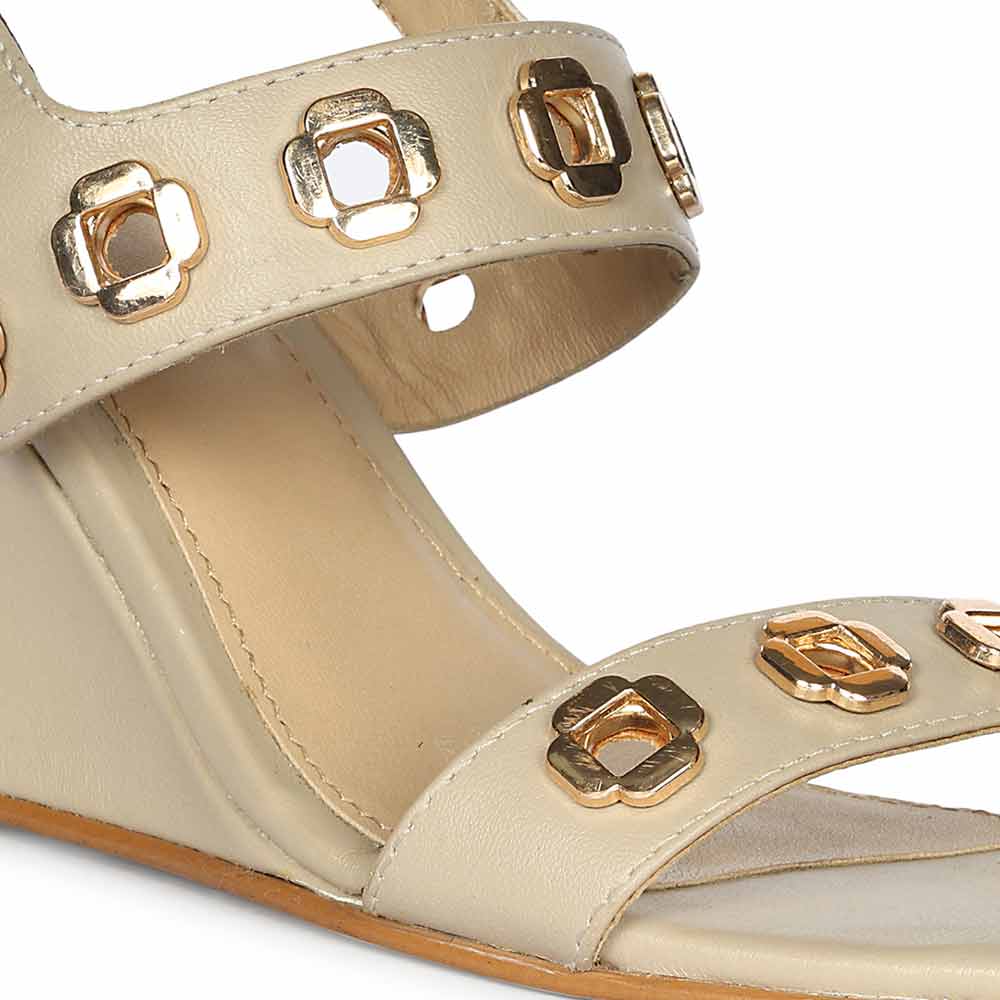 Saint Kendall Gold Flower Eyelets Beige Leather Wedge Heels - Image 7