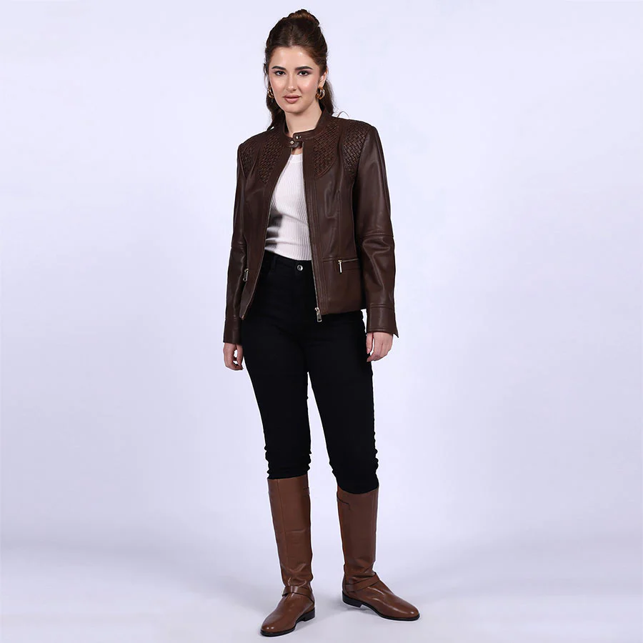 Saint Kinsley Women Brown Leather Cafe Racer Jackets - Image 3