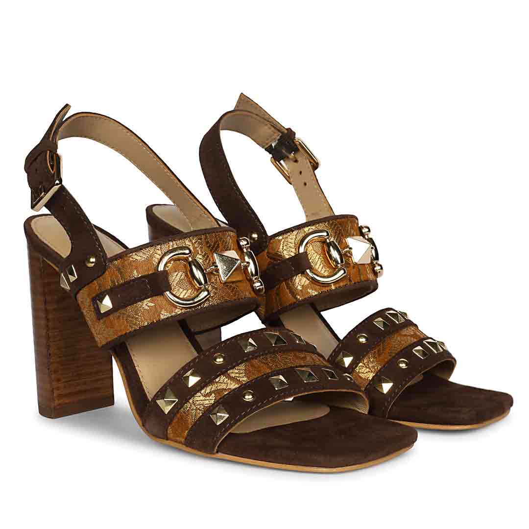 Saint Larisa Embellished Dark Brown Leather High Block Heels - Image 2