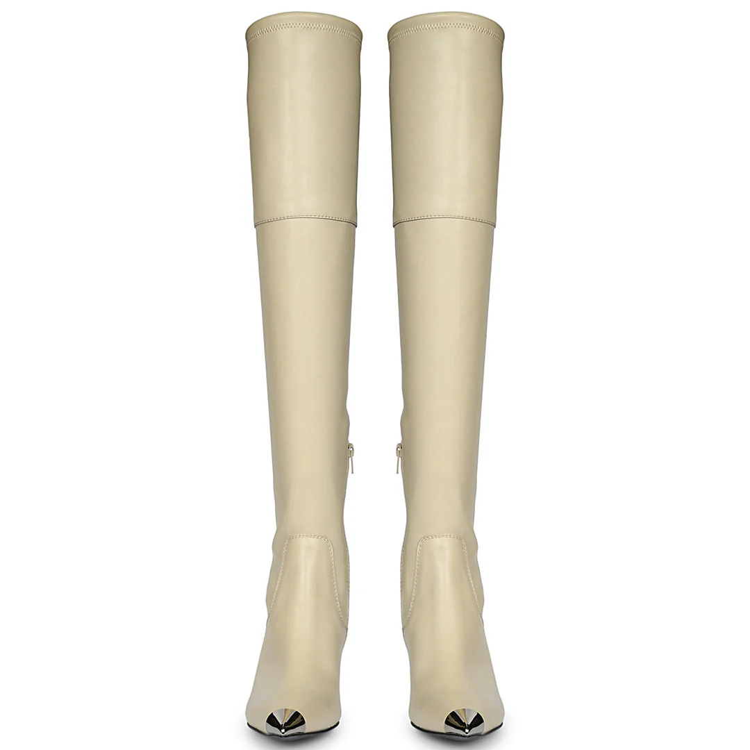 Saint Laurine Beige Stretch  Above The Knee Boots - Image 5