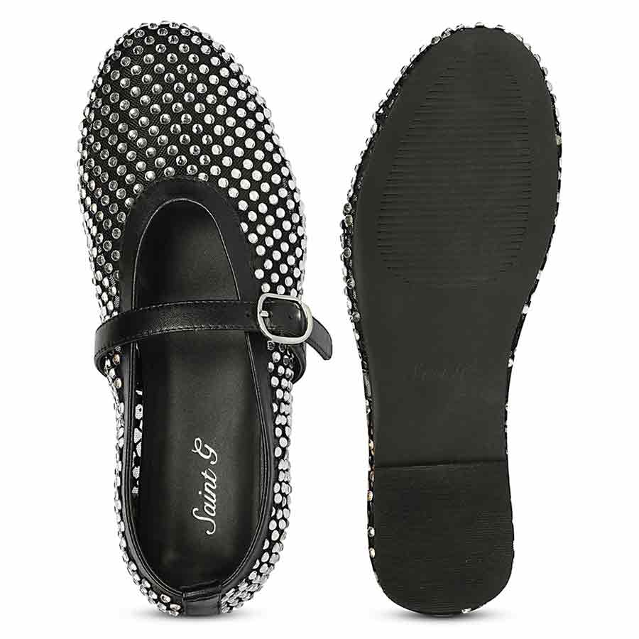 Saint Lennon Strass Embellished BlackLeather Flats - Image 7