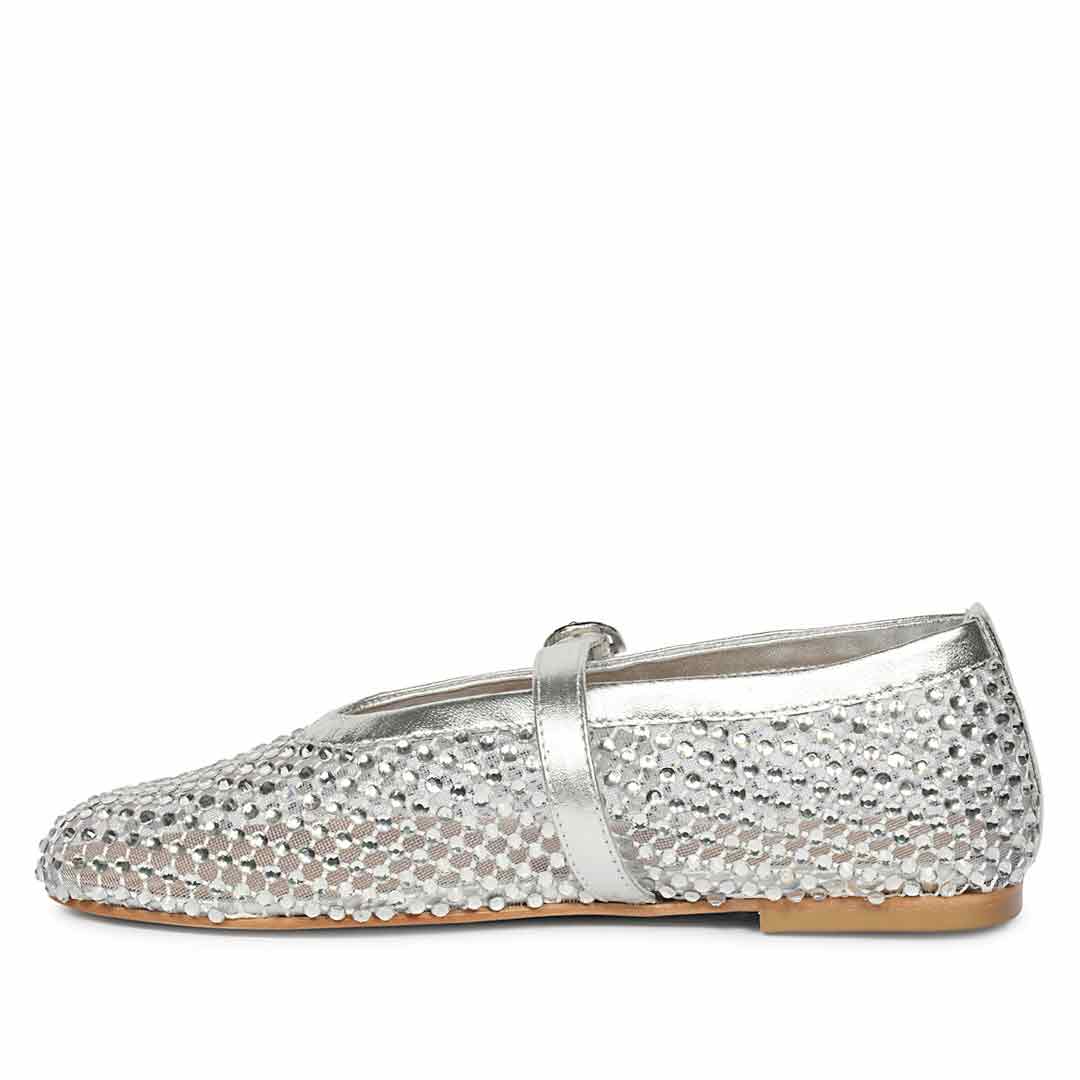 Saint Lennon Strass Embellished Silver Leather Flats - Image 3