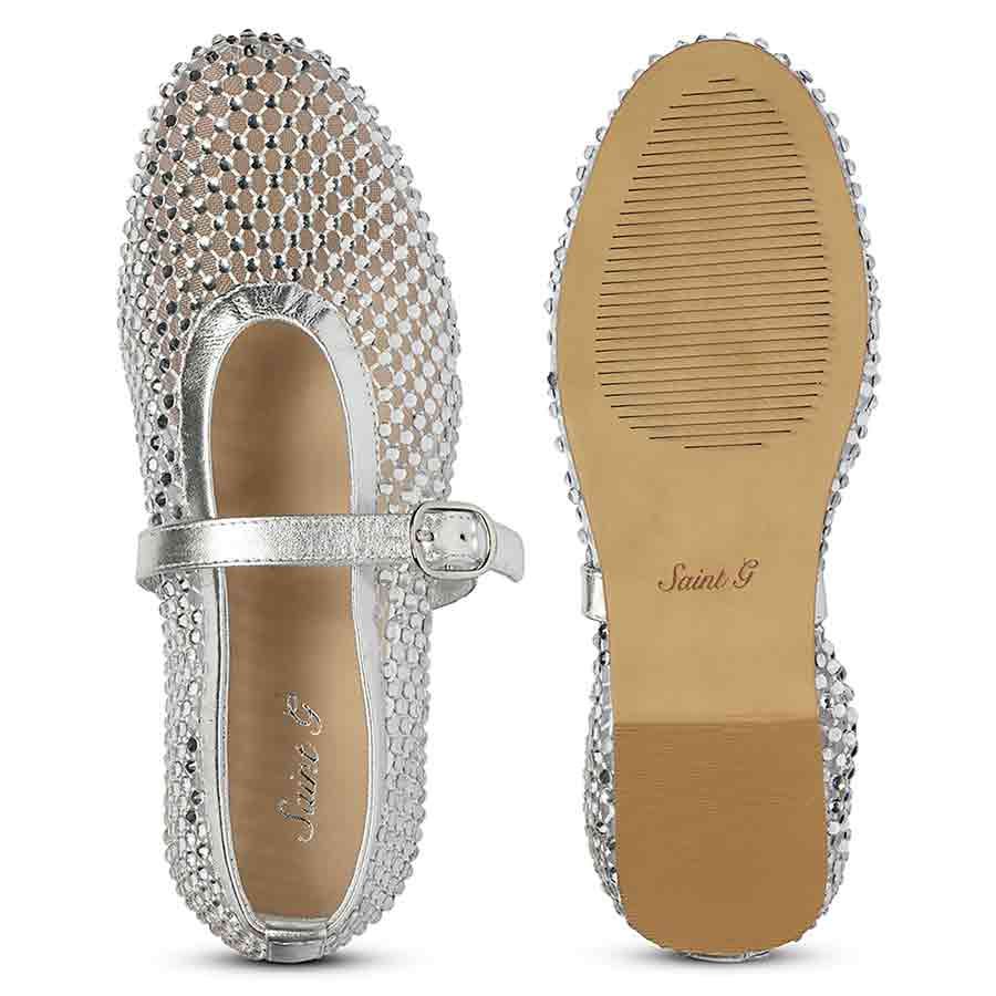 Saint Lennon Strass Embellished Silver Leather Flats - Image 6
