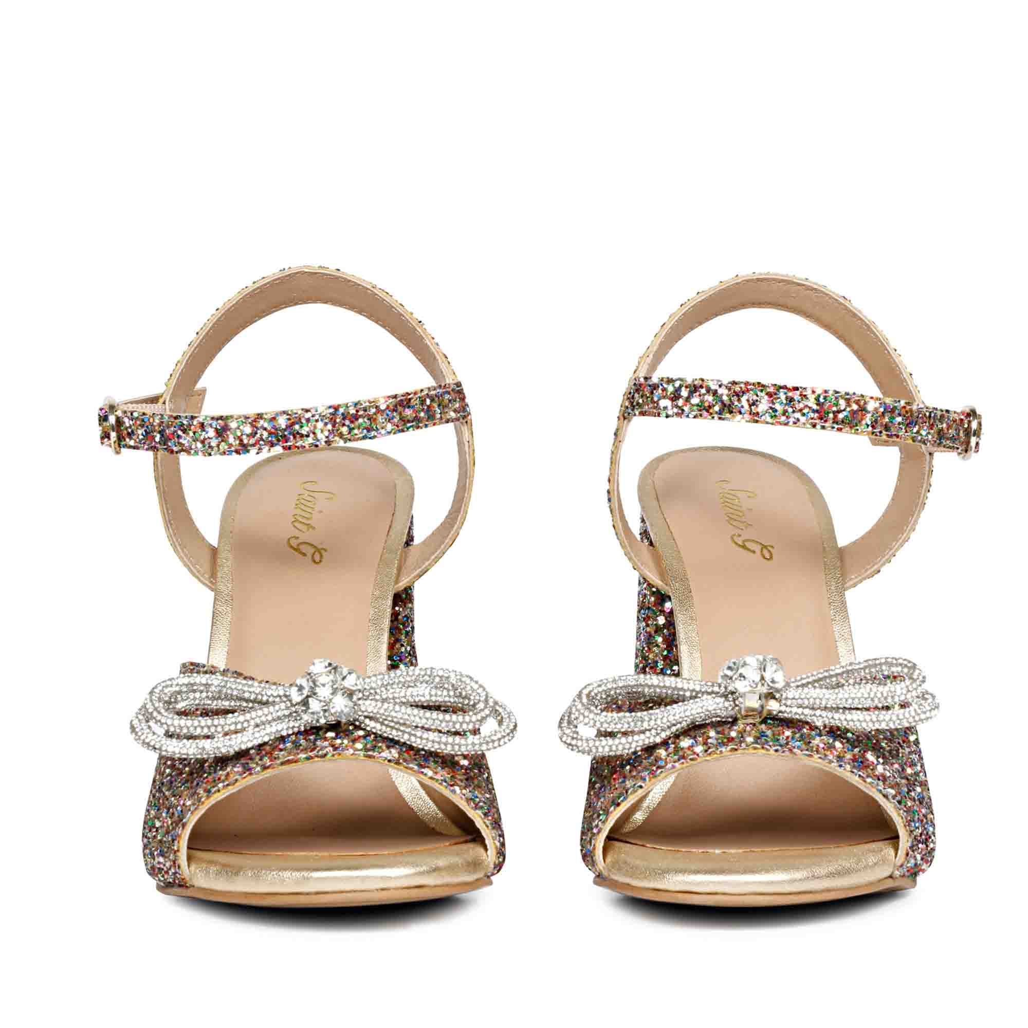 Saint Leonara Bow Detail Multi Glitter Leather Block Heels - Image 3