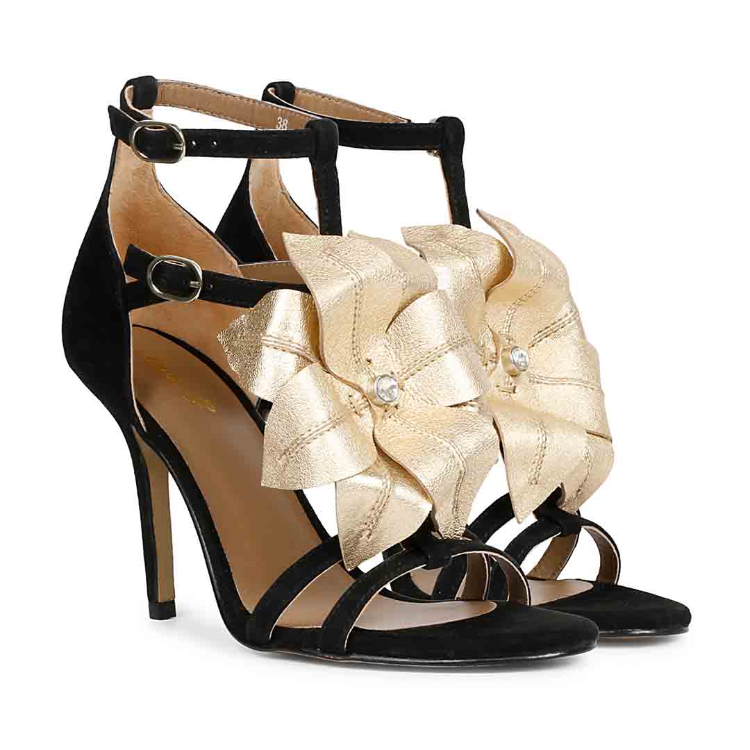 Saint Lilly Gold Flower Embellished Black Leather Stilettos - Image 3