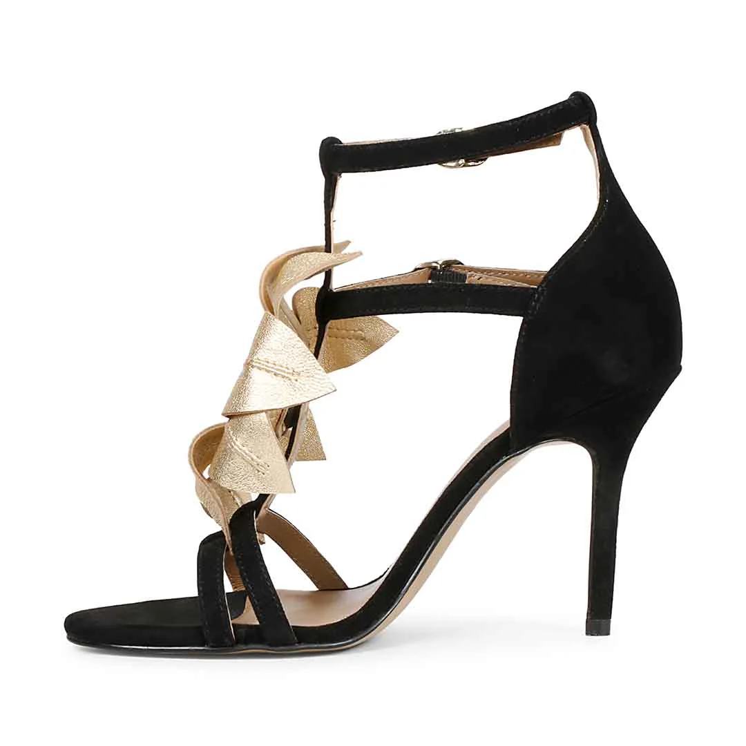 Saint Lilly Gold Flower Embellished Black Leather Stilettos - Image 4