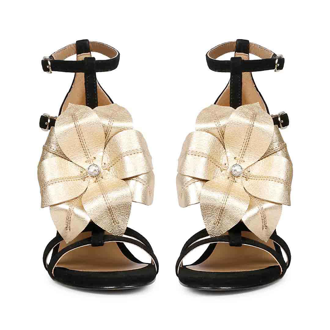 Saint Lilly Gold Flower Embellished Black Leather Stilettos - Image 5
