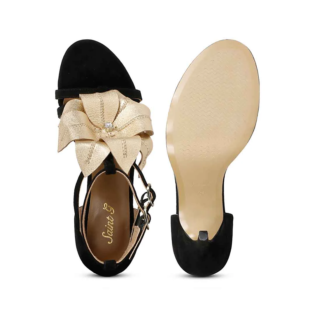 Saint Lilly Gold Flower Embellished Black Leather Stilettos - Image 7