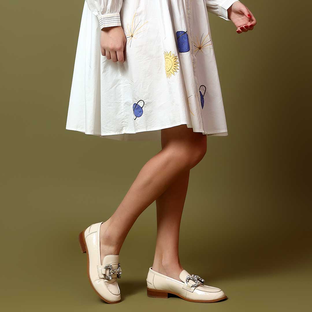 Saint Livia Crystal Buckle Beige Leather Moccasins - Image 2
