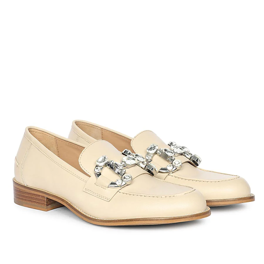 Saint Livia Crystal Buckle Beige Leather Moccasins - Image 3