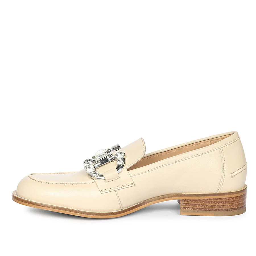Saint Livia Crystal Buckle Beige Leather Moccasins - Image 4