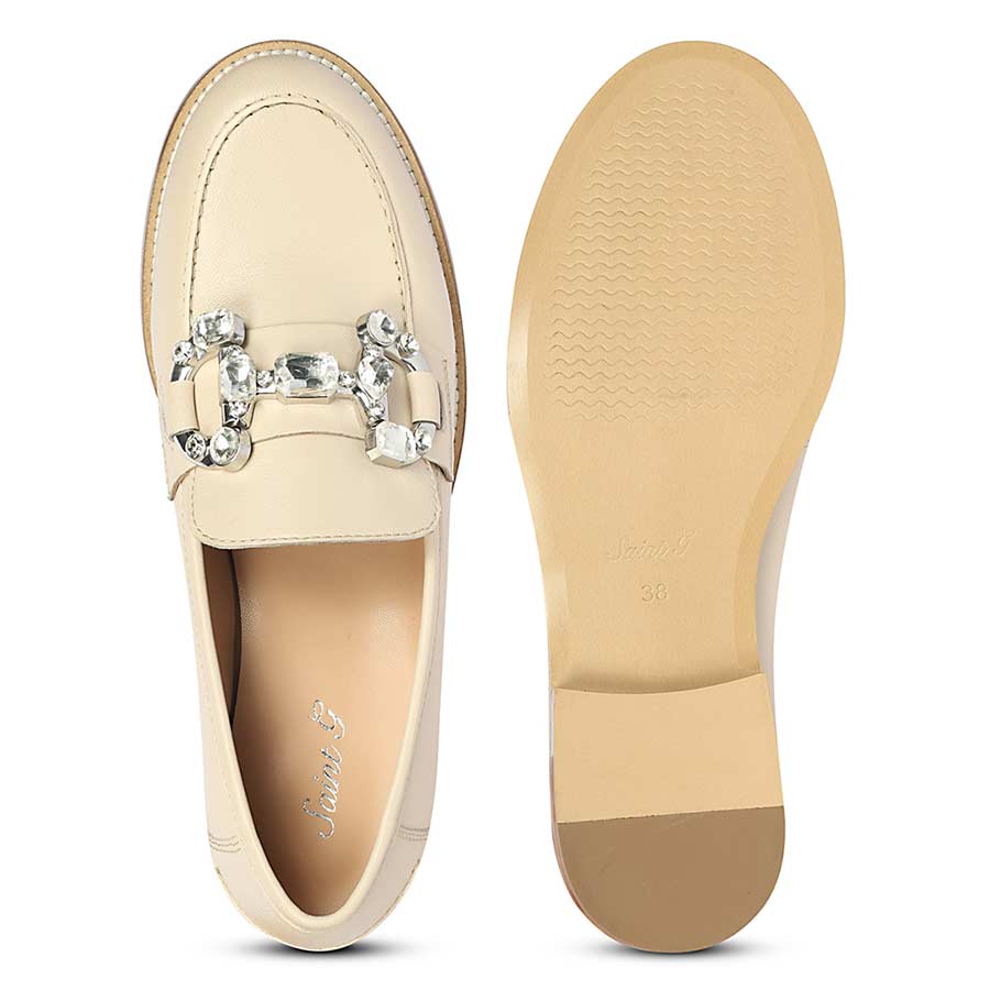 Saint Livia Crystal Buckle Beige Leather Moccasins - Image 8