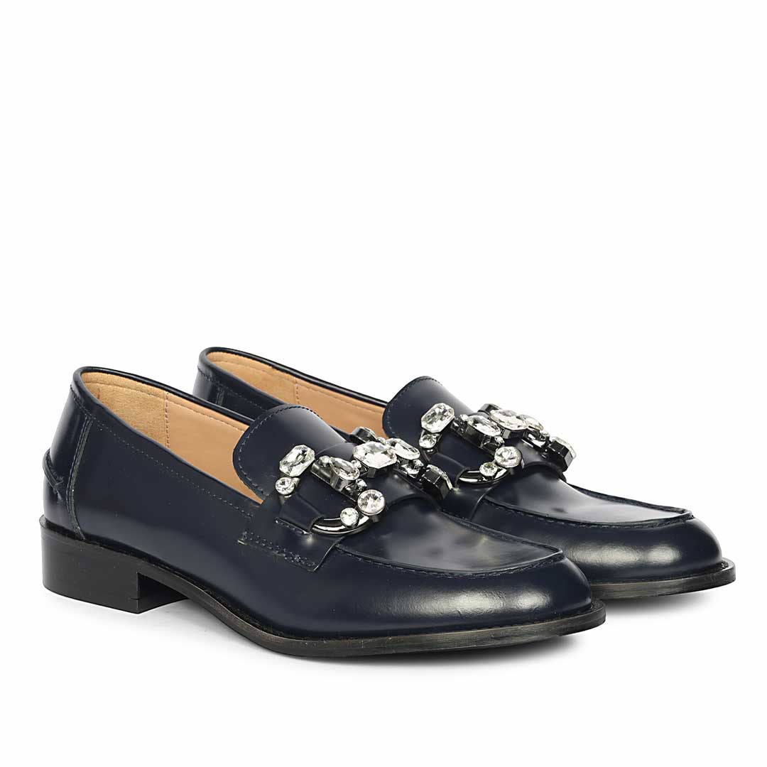 Saint Livia Crystal Horsebit Navy Abrasivato Leather Moccasins - Image 2