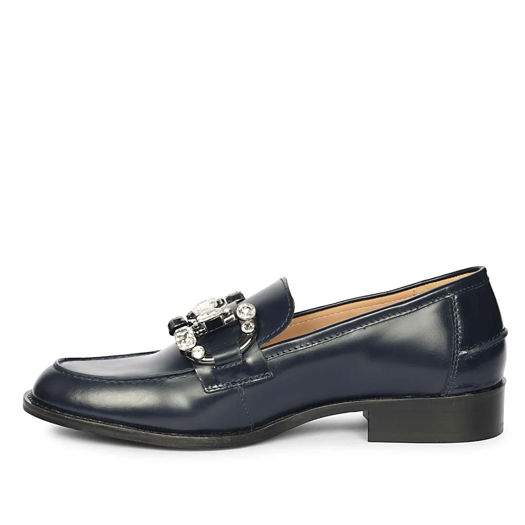 Saint Livia Crystal Horsebit Navy Abrasivato Leather Moccasins - Image 3