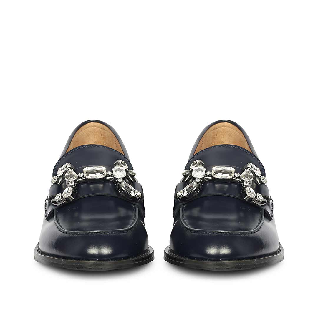 Saint Livia Crystal Horsebit Navy Abrasivato Leather Moccasins - Image 4