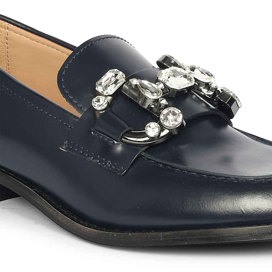 Saint Livia Crystal Horsebit Navy Abrasivato Leather Moccasins - Image 6