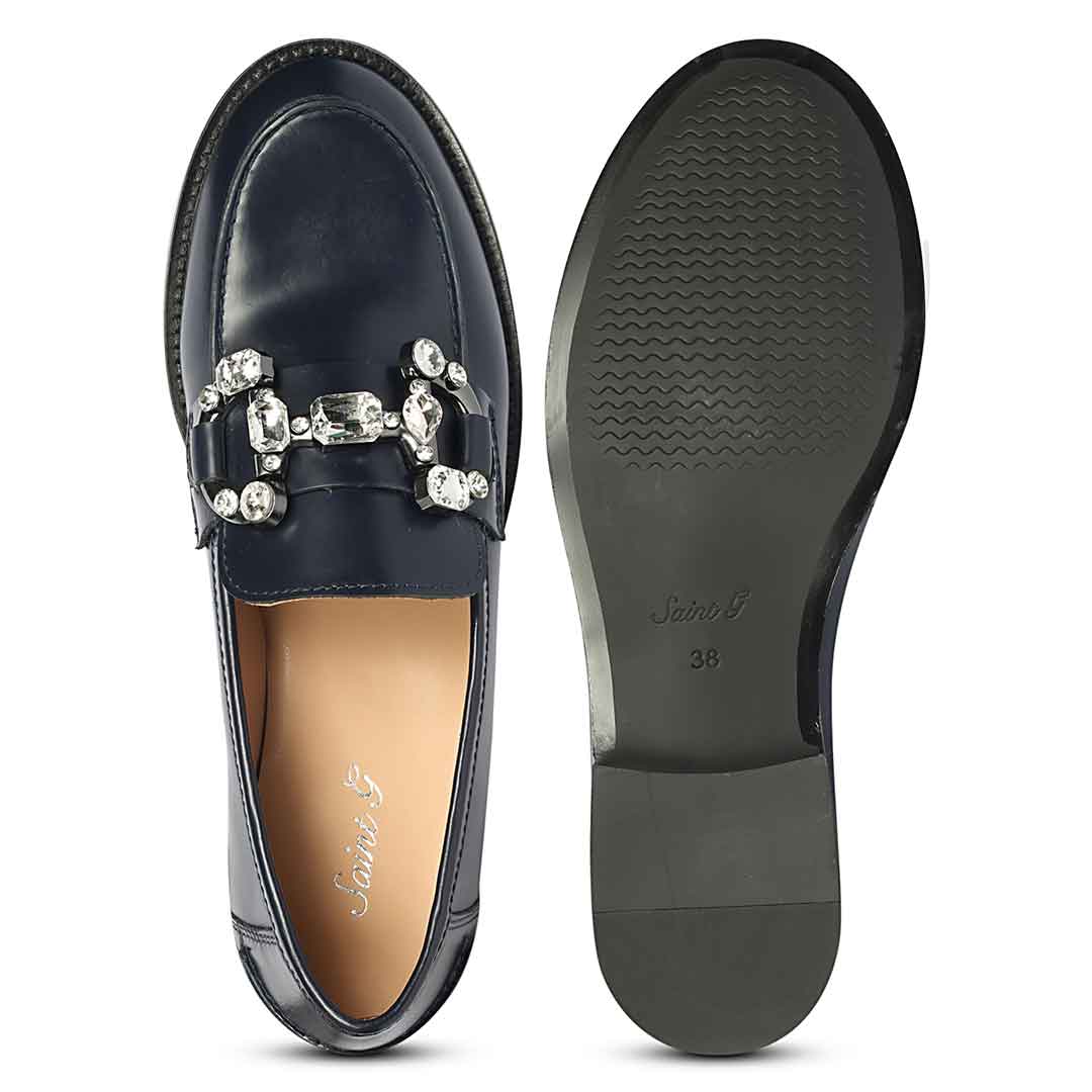 Saint Livia Crystal Horsebit Navy Abrasivato Leather Moccasins - Image 7