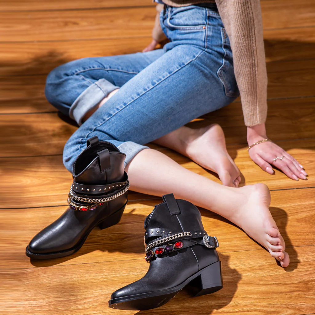 Saint Louanne Black Leather Rhinestone Studded Décor Boots - Image 2