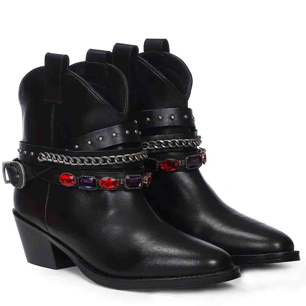 Saint Louanne Black Leather Rhinestone Studded Décor Boots - Image 3