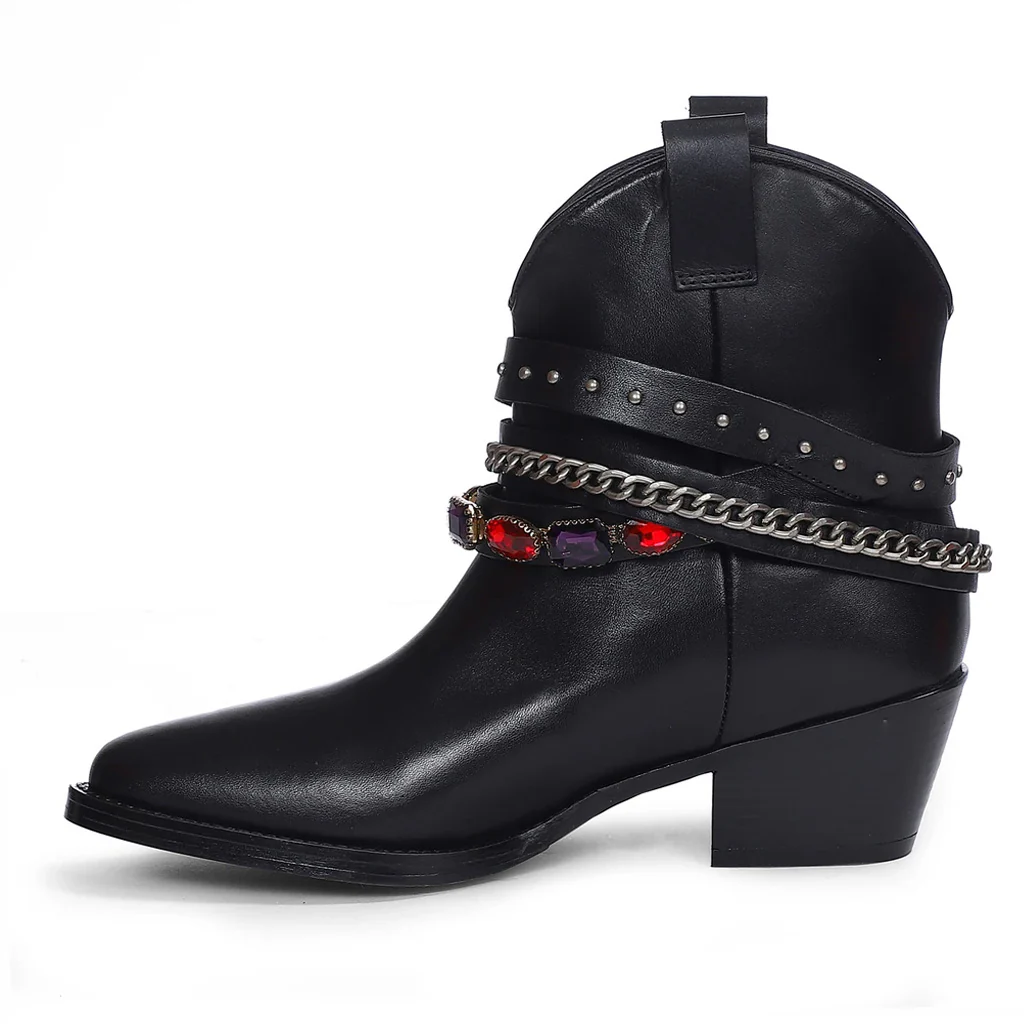 Saint Louanne Black Leather Rhinestone Studded Décor Boots - Image 4