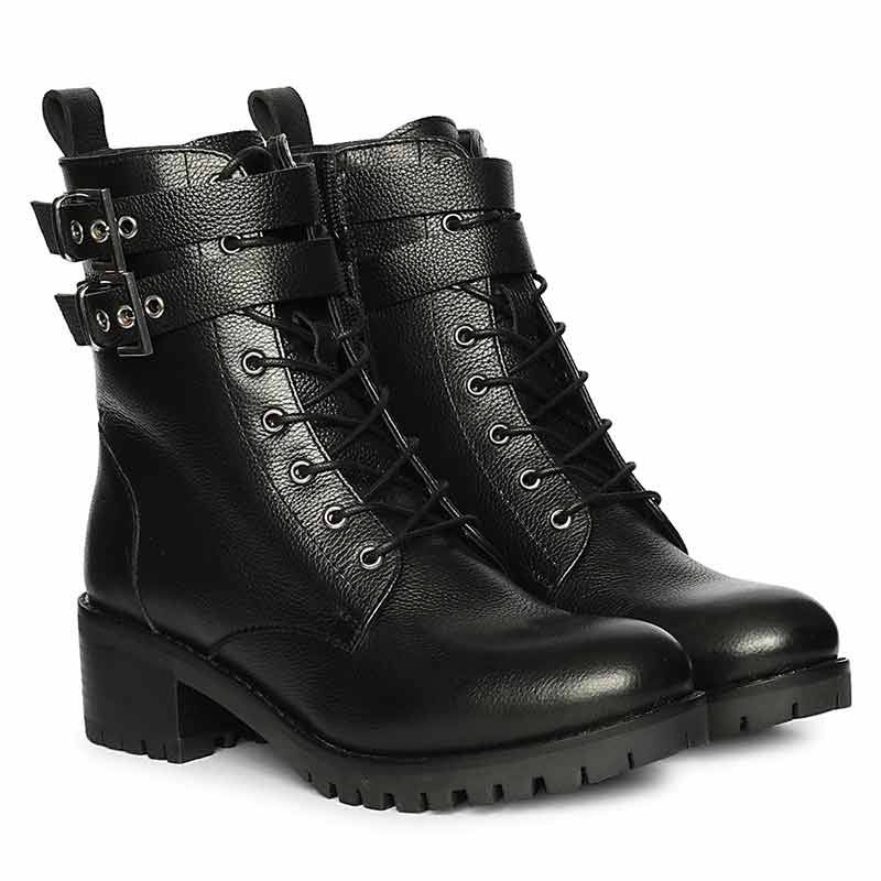 Saint Lucero Buckle Decor Black Leather High Ankle Boots - Image 2