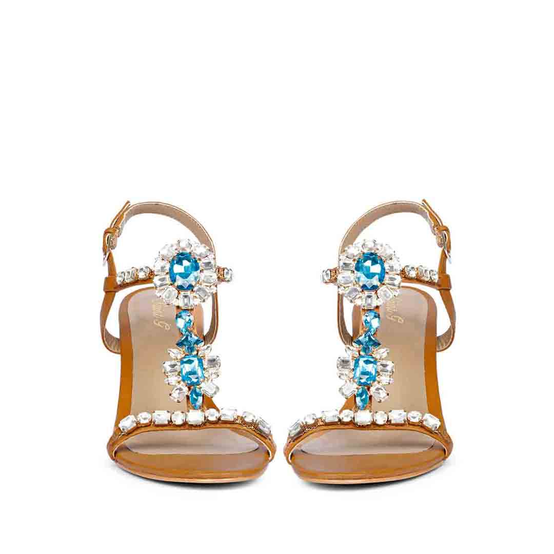 Saint Lucia Blue Stone Embellished Cuoio Leather Block Heels - Image 3